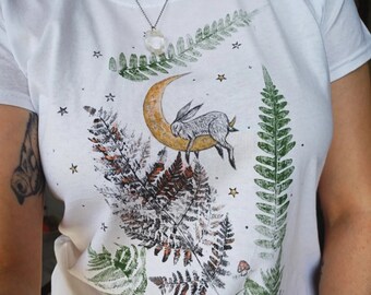 Hand painted Sleeping Moon Bunny And Ferns shirt/Fairytale Rabbit painting/Mom sister  birthday gift/Botanical women shirt M 100% cotton