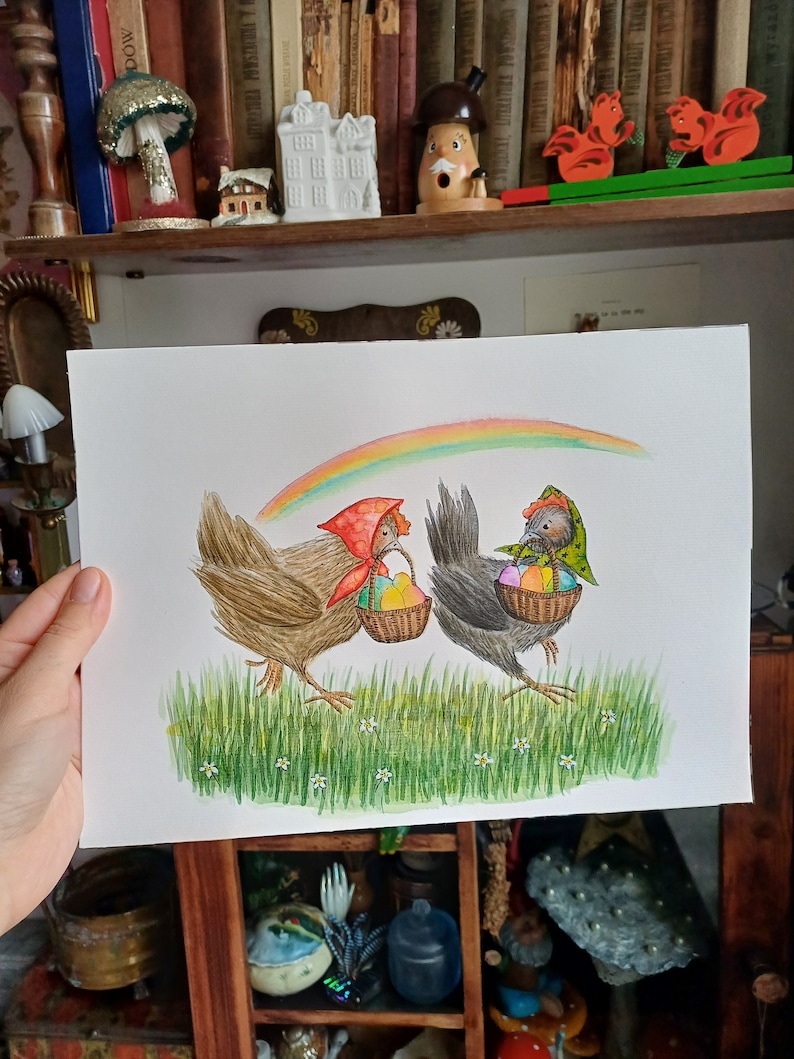 Original unframed fairytale watercolor illustration Easter Hens/Whimsical cute animals illustration/Original chickens colorful eggs painting image 9