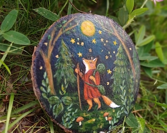 Summer Wanderig Fox - Original painting on recycled slice of birch wood with bark/Magical hand painted round wall decoration forest animal