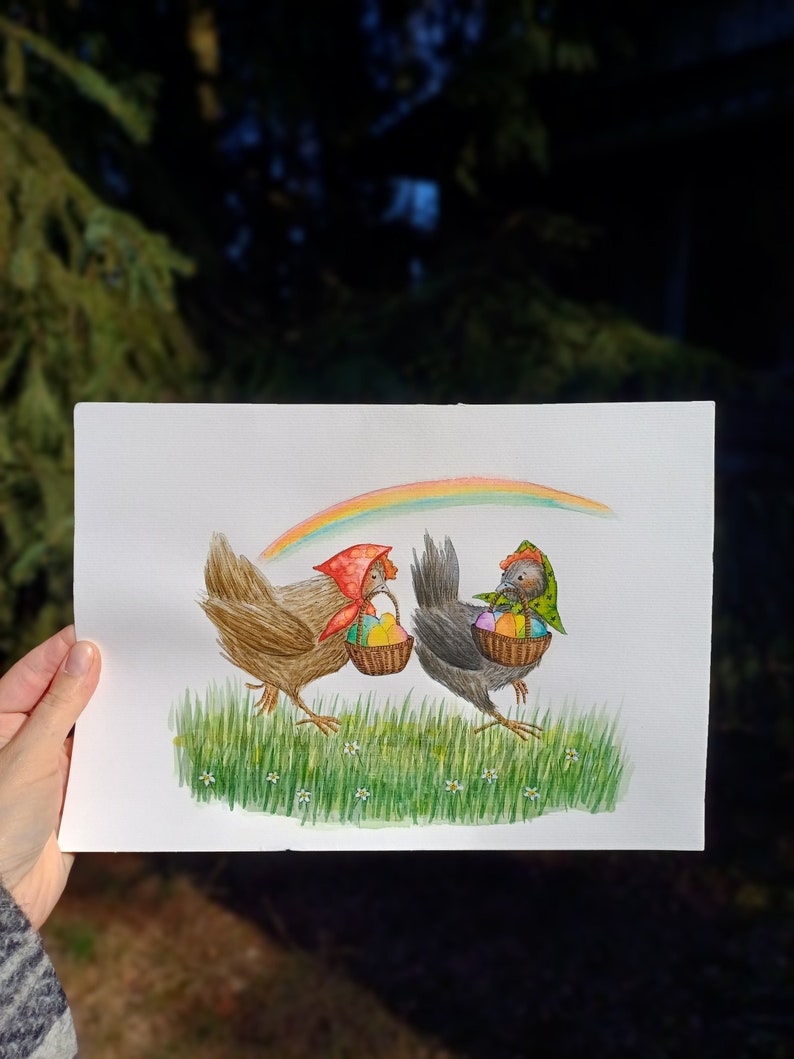 Original unframed fairytale watercolor illustration Easter Hens/Whimsical cute animals illustration/Original chickens colorful eggs painting image 1