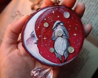 Hand-Painted Badger Crimson Moon Wood Ornament with Crystal/Christmas tree ornament with painted badger/cute animal suncatcher made of wood
