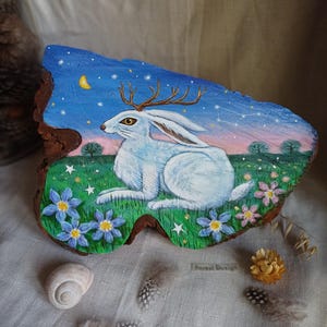 Spring Spirt - Original Painting On Recycled Natural Wood Piece/Magical Jackalope signed illustration/Folklore creature fantasy painting