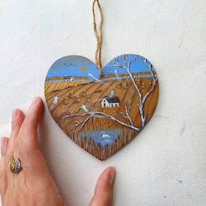 Original painting on recycled wooden heart Autumn Ghostland/Whimsical countryside fall painting/One of a kind farmhouse wall decoration