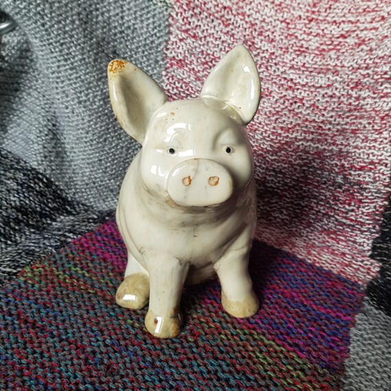 アンティーク豚の置物 ヴィンテージの大きな20cmの陶器製豚の置物/レトロな農家の動物の装飾