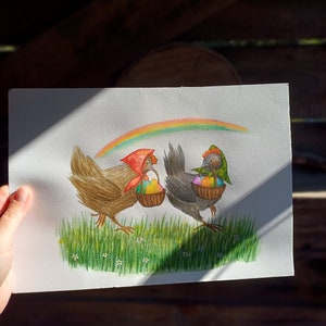 Original unframed fairytale watercolor illustration Easter Hens/Whimsical cute animals illustration/Original chickens colorful eggs painting image 5