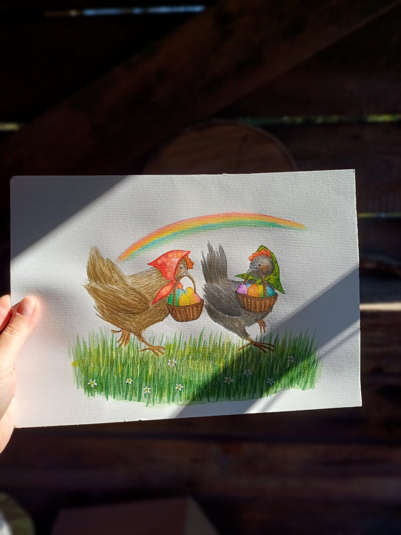 Original unframed fairytale watercolor illustration Easter Hens/Whimsical cute animals illustration/Original chickens colorful eggs painting image 5