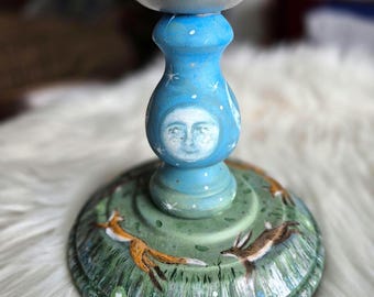 Hand painted wooden candlestick holder foxes and hares leaping in the green meadows/Spring Moon Phases artisan candleholder