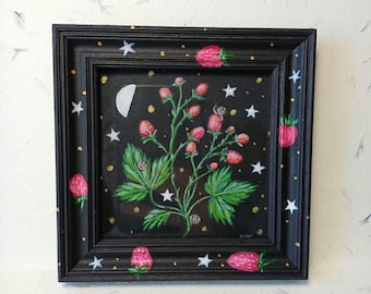 Forest Wild Strawberries in acrylics/Framed Woodland Fairy Art/Original Nature Illustration/Aquarelle wildlife gift/hand painted wall decor