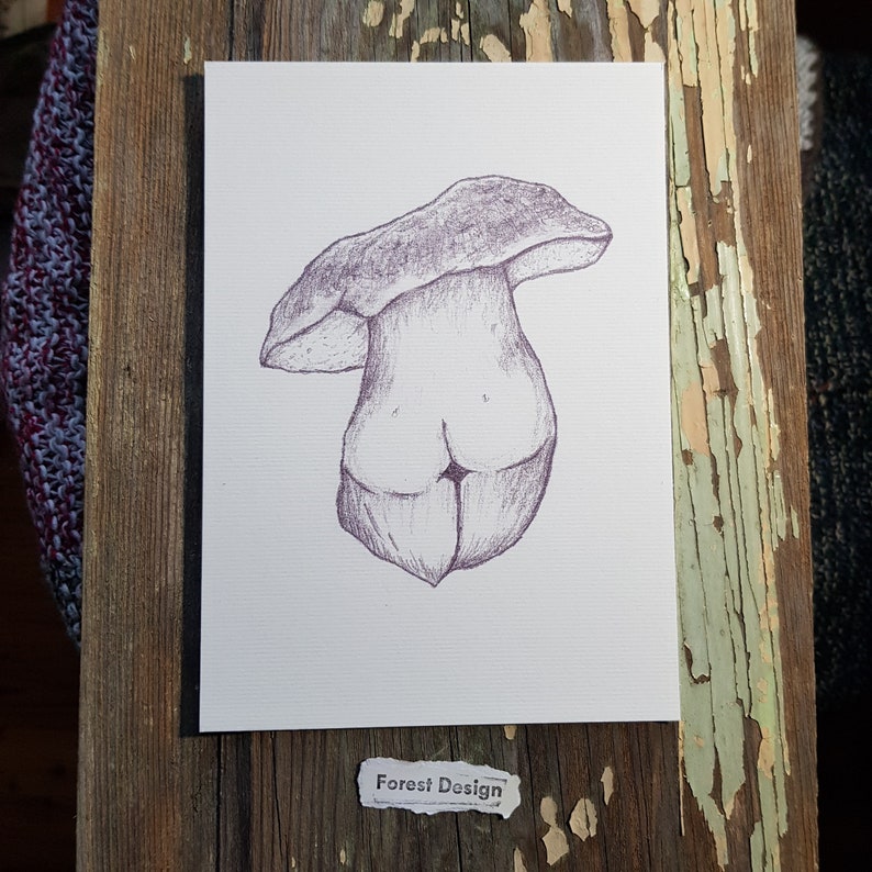 Art Print A5 A4 Mushroom Goddess original pencil drawing/Whimsical divine feminine art/Magical fungi gal sketch/body positivity shroom lady zdjęcie 3