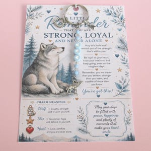 May include: A silver-toned metal keyring featuring a wolf charm and light blue beads with white heart accents. The keyring is attached to a rectangular card printed with a wolf illustration and the text: Little Reminder That You Are Strong, Loyal And Never Alone.