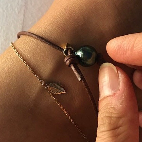 Bracelet de cheville à cordon de cuir et perle PAPEETE