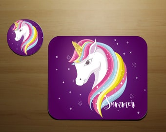 Unicorn Mouse Pad and Coaster Set - Full Color Unicorn  Coaster- Homeschool Desk Set - Personalized Mouse pad