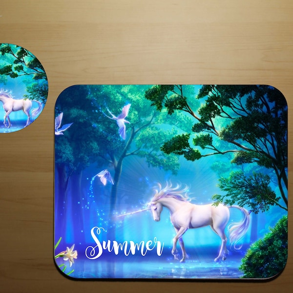 Unicorn Mouse Pad and Coaster Set - Full Color Unicorn  Coaster- Homeschool Desk Set - Personalized Mouse pad