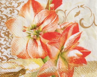4 Floral Cocktail Size Paper Napkins/Pink Flowers coloured decoupage Napkins/Floral paper napkin/mixed media crafts/decoupage  paper napkins