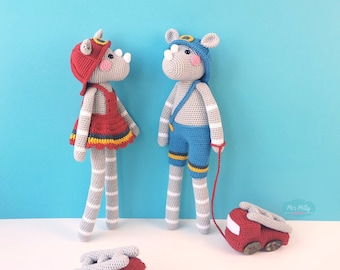 Amigurumi Long Leg Charlie and Cato the firefighter rhinos PDF Crochet Pattern Doll Toy