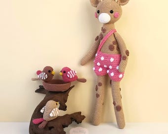 Amigurumi longleg Giraffe Kaya and Birds Animal PDF Crochet Pattern Doll Toy