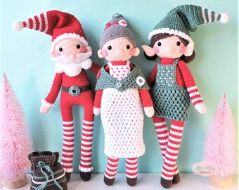 Amigurumi longleg Santa, Mrs. Claus and Christmas Elf, three patterns PDF crochet