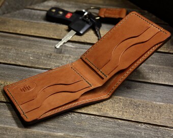 May include: A brown leather wallet with multiple card slots and a billfold. The wallet is open and lying on a wooden surface.
