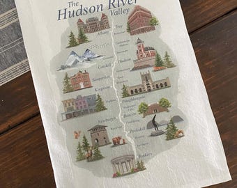 Torchon carte de la vallée de l'Hudson, 27 x 27 po., décoration d'intérieur, décoration de cuisine, idée cadeau, serviettes illustrées, torchons de cuisine, 100 % coton
