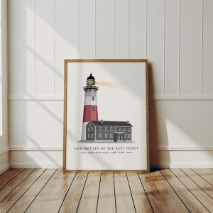 Montauk Point, Latarnie morskie wschodniego wybrzeża, Wydruk artystyczny, Dekoracja ścienna, Wystrój domu nadmorski, Marynistyczny, Morski