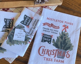 Torchon de ferme avec arbre de Noël, décoration d'intérieur de 27 x 27 po., décoration de cuisine, idée cadeau, serviettes illustrées, torchons de cuisine, 100 % coton, décoration des fêtes