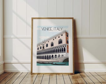 May include: A framed print of a building in Venice, Italy. The building is pink and white with arched windows and a bridge in front of it. The text "VENICE, ITALY" is at the top of the print.