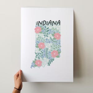 Stampa d'arte dell'Indiana - Collezione 50 Stati, Decorazione da parete, Stati Uniti, Stampa d'arte statale, Idea regalo, Arte di viaggio, 50 Stati, Mappe, Mappe illustrate