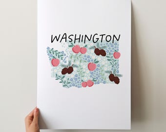 Könnte beinhalten: Ein weißer Poster mit dem Wort "WASHINGTON" in Schwarz oben gedruckt. Der Bundesstaat Washington ist in Blau umrandet und mit einem Muster aus rosa Äpfeln, braunen Tannenzapfen und blauen Blumen gefüllt.