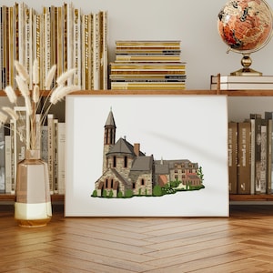 May include: A digital illustration of a stone building with a tall steeple. The building has a brown roof and is surrounded by green trees and bushes.