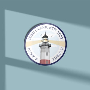 Long Island Lighthouse Sticker, 3x3" Circle Sticker, Montauk Lighthouse, Long Island Coordinates