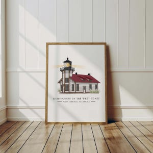 Point Cabrillo, Latarnie morskie zachodniego wybrzeża, Wydruk artystyczny, Dekoracja ścienna, Wystrój domu nadmorski, Marynistyczny, Morski