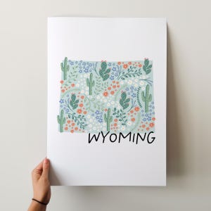 Impression d'art du Wyoming - Collection 50 États, décoration murale, États-Unis, impression d'art de l'État, idée cadeau, Art de voyage, 50 États, cartes, cartes illustrées