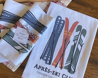 Torchon après-ski, décoration d'intérieur de 27 x 27 po., décoration de cuisine, idée cadeau, serviettes illustrées, torchons de cuisine, 100 % coton, décoration de vacances