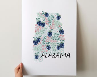 Alabama Art Print - 50 States Collection, Wall Decor, USA, State Art Print, Gift Idea, Travel Art, 50 States, Maps, Illustrated Maps