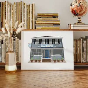 May include: A digital illustration of a blue building with a sign that reads "Benny's Brown Bar". The building has two windows and a door. There are plants in pots in front of the building.