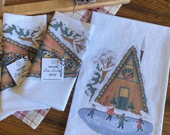 Cabane de vacances torchon, décoration d'intérieur 27 x 27", décoration de cuisine, idée cadeau, serviettes illustrées, torchons de cuisine, 100 % coton, décoration de vacances