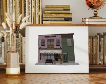 Peut inclure: Illustration numérique d'un bâtiment de deux étages avec un café au rez-de-chaussée. Le bâtiment est peint dans des tons de rose, de vert et de brun. Le café a une enseigne qui indique "Bean Runner Cafe".