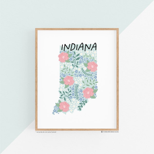 Indiana Art Print - 50 States Collection, Wall Decor, USA, State Art Print, Gift Idea, Travel Art, 50 States, Maps, Illustrated Maps