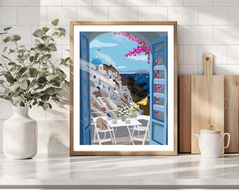Santorin à travers la fenêtre - impression d'art de voyage, décoration murale, affiche de voyage, art de Santorin, décoration d'intérieur, illustration de voyage, art de la Grèce