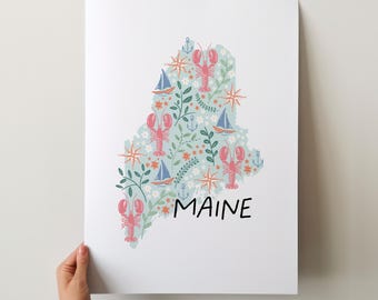 Maine Art Print - 50 States Collection, Wall Decor, USA, State Art Print, Gift Idea, Travel Art, 50 States, Maps, Illustrated Maps
