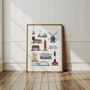 Long Island Landmarks Poster, Wall Decor, Coastal Art, Long Island Decor, Nautical, Lighthouses