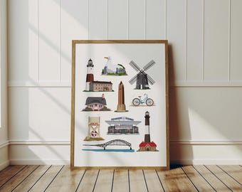 Long Island Wahrzeichen Poster, Wanddekor, Küstenkunst, Long Island Decor, Nautik, Leuchttürme