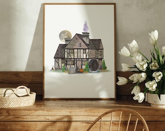 Witches Cottage, Fiction Inspired Art Print, Wall Decor, Holiday Art Print, Halloween Wall Decor, Halloween Gift Idea, Customizable, Salem