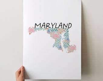 Maryland Art Print - 50 States Collection, Wall Decor, USA, State Art Print, Gift Idea, Travel Art, 50 States, Maps, Illustrated Maps