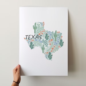 Texas Art Print - collectie 50 staten, wanddecoratie, VS, staat Art Print, cadeau-idee, reiskunst, 50 staten, kaarten, geïllustreerde kaarten