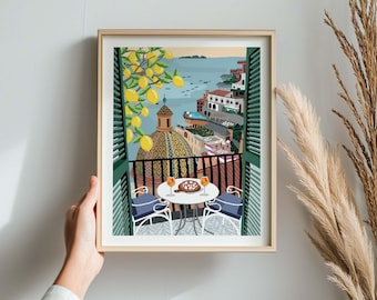 Positano par la fenêtre - impression d'art de voyage, décoration murale, affiche de voyage, art de Positano, décoration d'intérieur, illustration de voyage, art de l'Italie