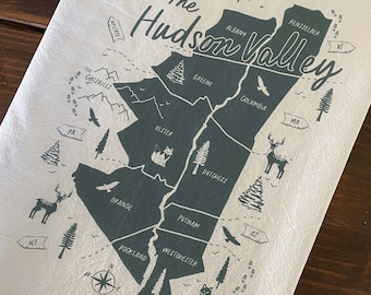 Linge à vaisselle, comtés de la vallée de l'Hudson, 27 x 27 po., décoration d'intérieur, décoration de cuisine, idée cadeau, serviettes illustrées, torchons de cuisine, 100 % coton