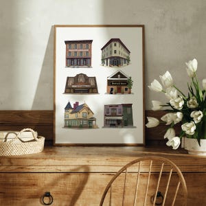 May include: A printable poster featuring six illustrations of different buildings in a vintage style. The buildings are all in various shades of brown, yellow, and red. The poster is on a white background.