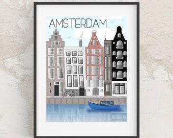 Amsterdam Travel Art Print - Row Houses, Wall Art, Wall Decor, Europe Art, Traveler Gift, Travel Memories, Travel Decor, Home Decor