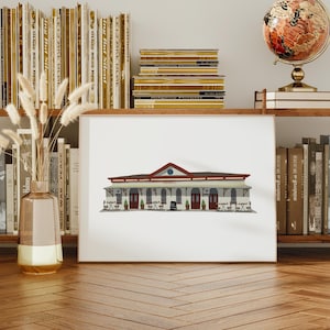 May include: A white framed print of a building with a red roof and a sign that says "Refreshment". The building has a white facade with brown trim and windows. There are tables and chairs outside the building.